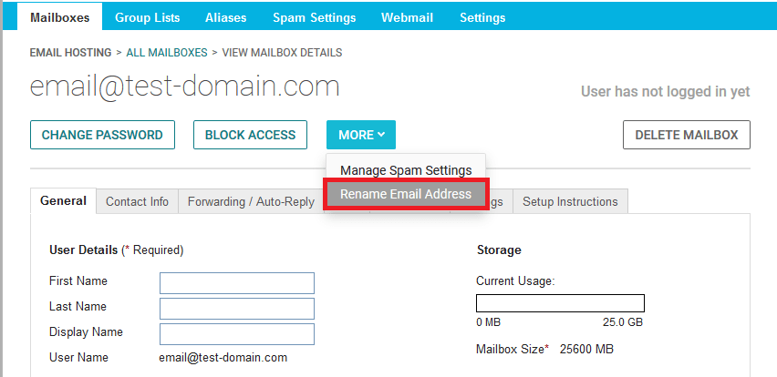rename email link highlighted