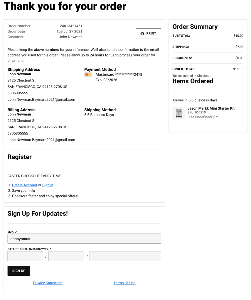 Foot Locker thank you page