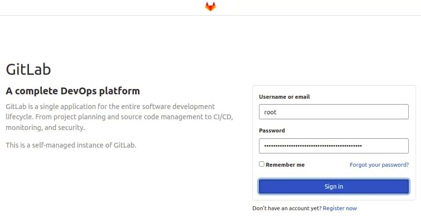 You should see the GitLab login page. Enter your root login and password, then click the Sign In button. Here is a screen capture of how the GitLab login screen looks.