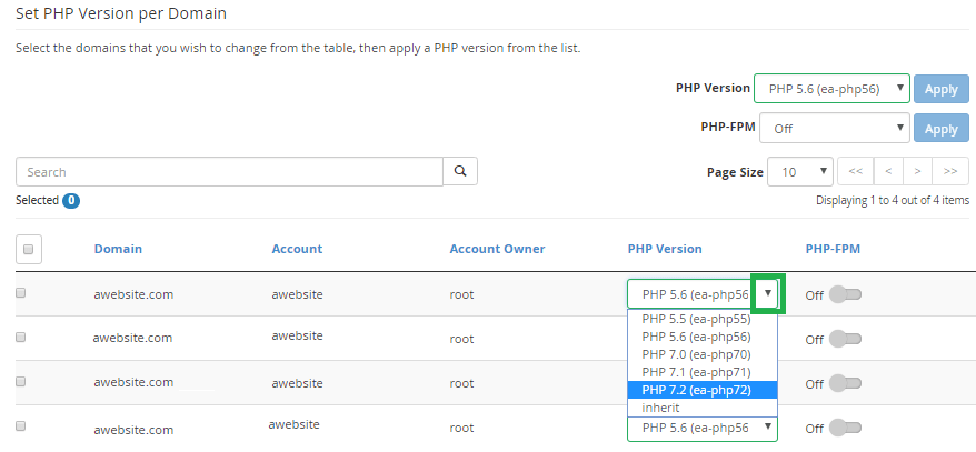 define php version per domain