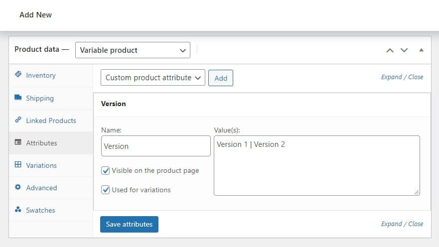 create attributes and variations