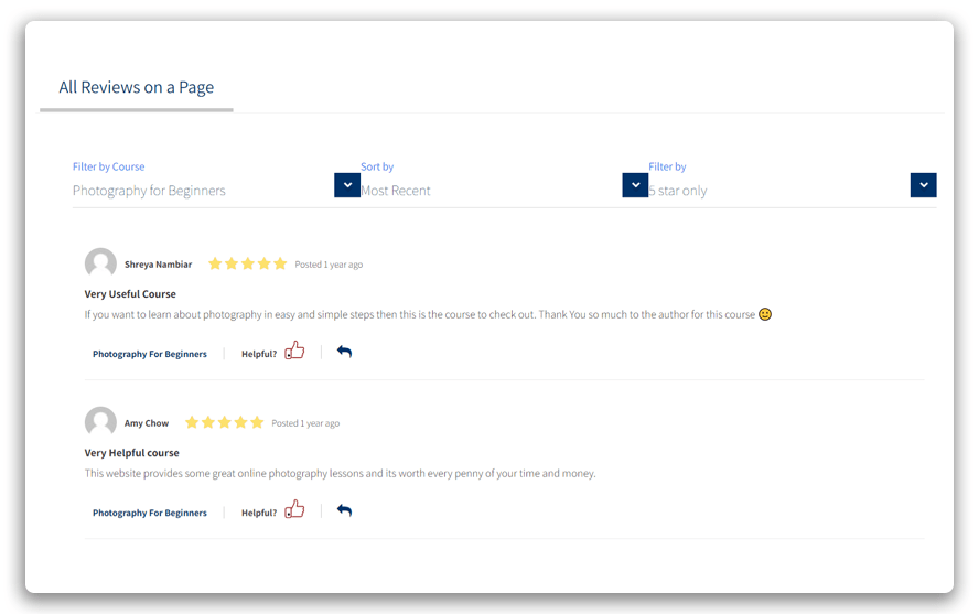 Showing all reviews listed on one page with the ability to Filter by Course, Sort by recency, and Filter by star rating.