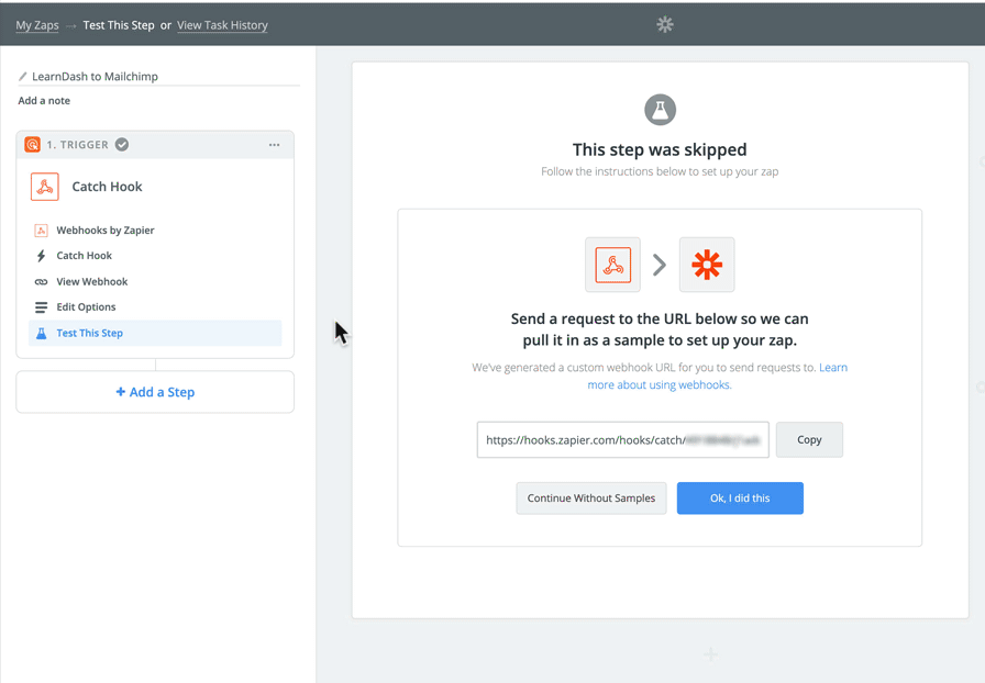 Zapier, create an action, step 1