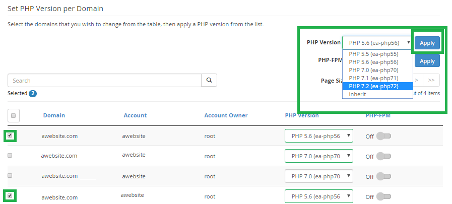 change php version per domain