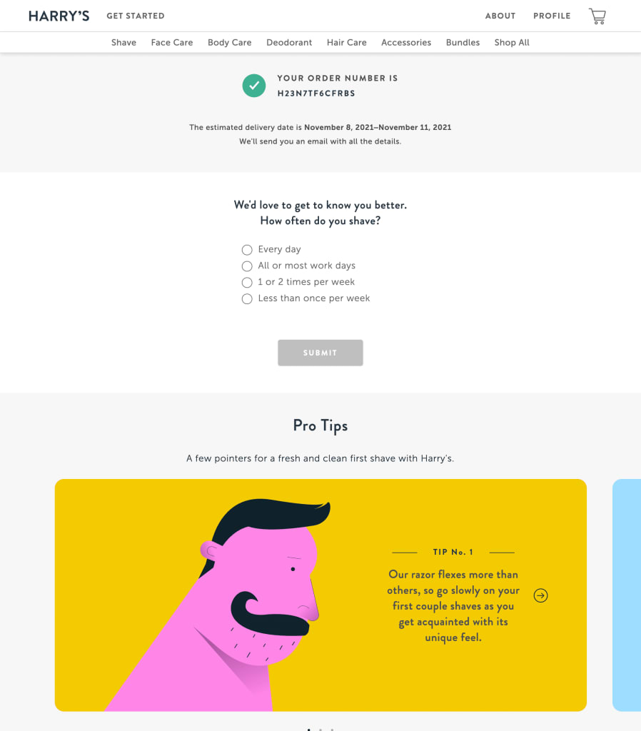 Harry's order confirmation page