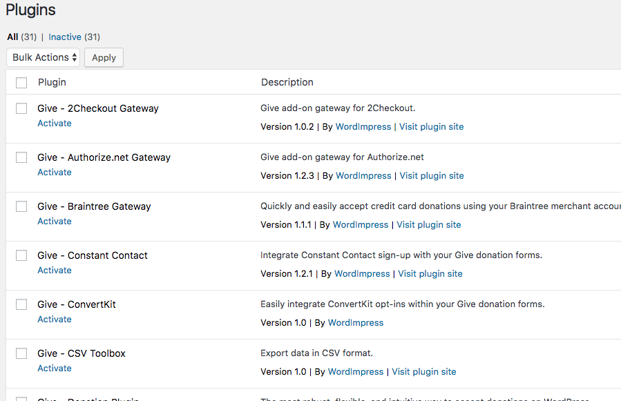 Screenshot of the backend of an individual site.
