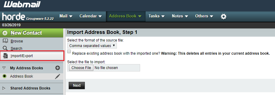 import/export button highlighted