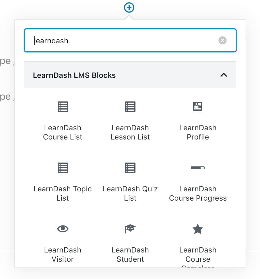 List of LearnDash blocks in editor