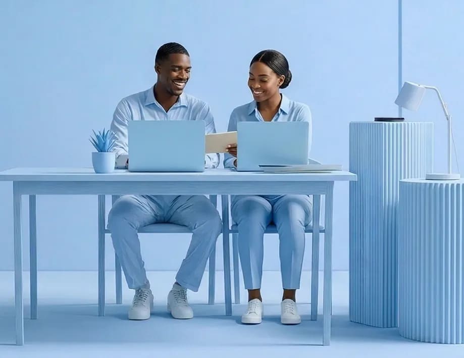 Two people in front of their laptops smile as they pass a letter between them.