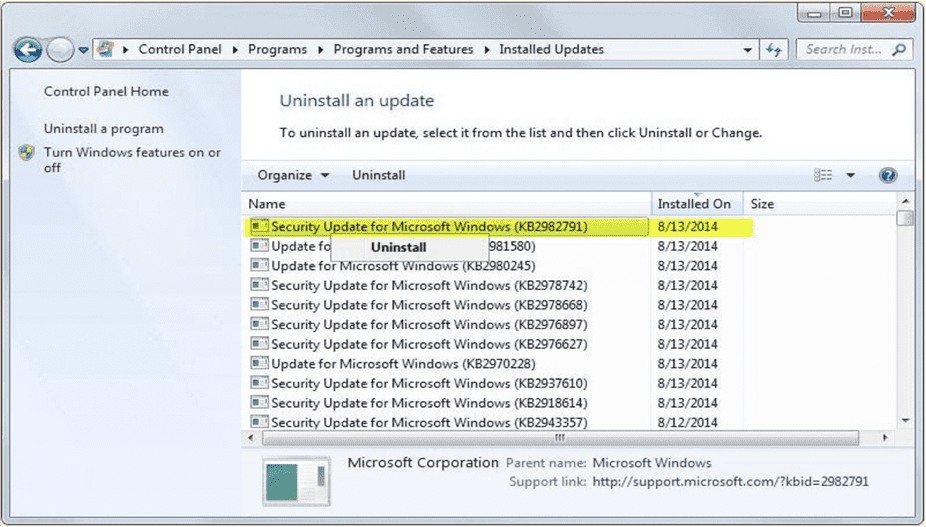 Installed Updates Screen Shot