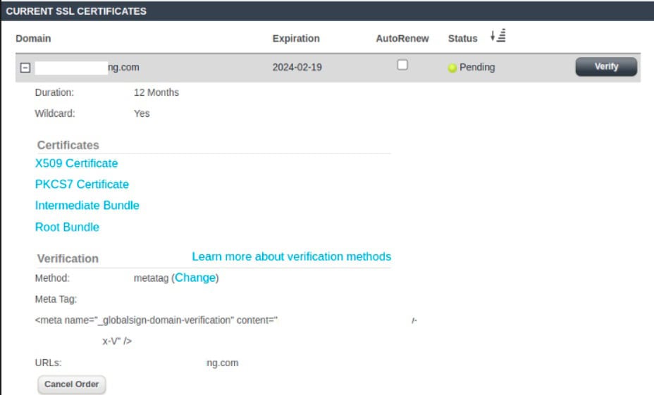 How to renew an SSL certificate (a paid SSL cert) — domain verification via the Meta Tag method and HTML code snippet.