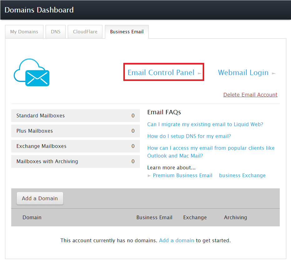 email control panel link highlighted