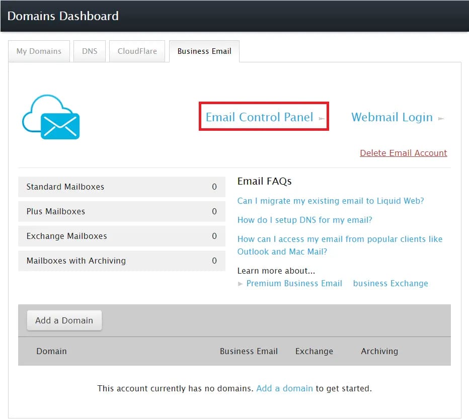 email control panel link highlighted