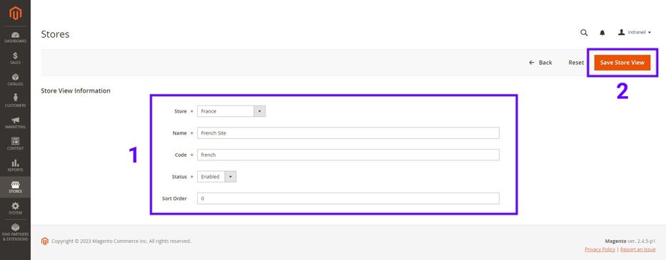 Screenshot of the Magento admin showing steps to create a store view for a Magento multi-store as explained on this page.