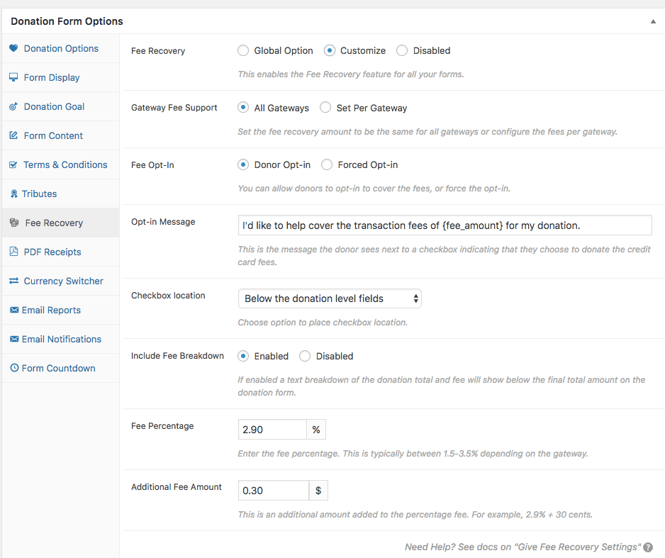 The Fee Recovery Per Form Settings