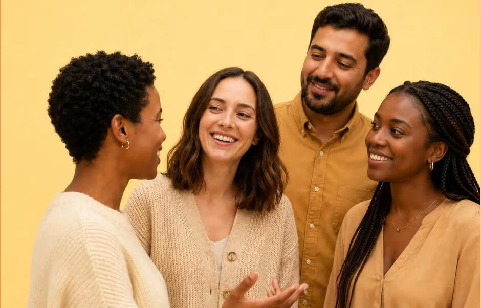 Four individuals in professional attire speak to each other and smile.