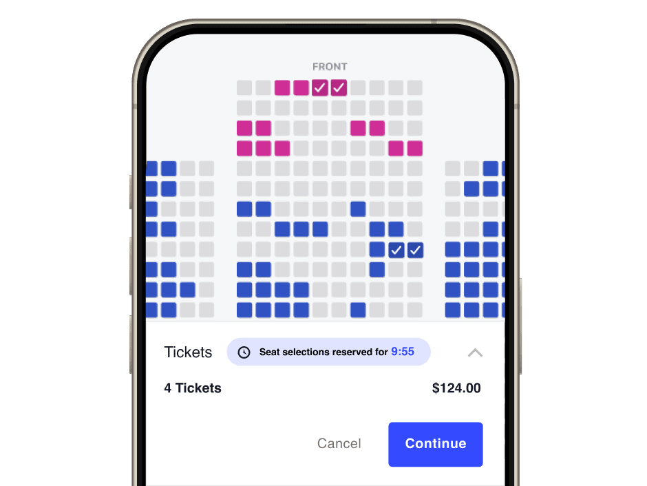 A mobile phone shows a user selecting available seats from an event seating map with four seats selected, seat selections are reserved for a limited amount of time, a subtotal for the event tickets is shown and a button to Continue.