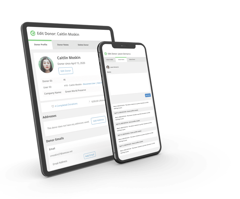 Donor profiles include their donation history and a notes section.