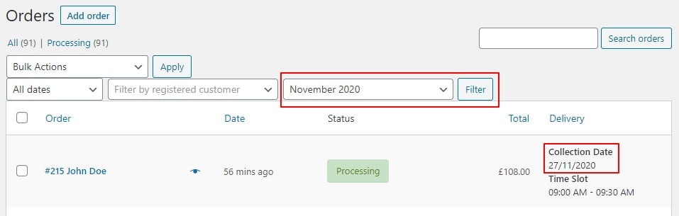 Filtered orders results