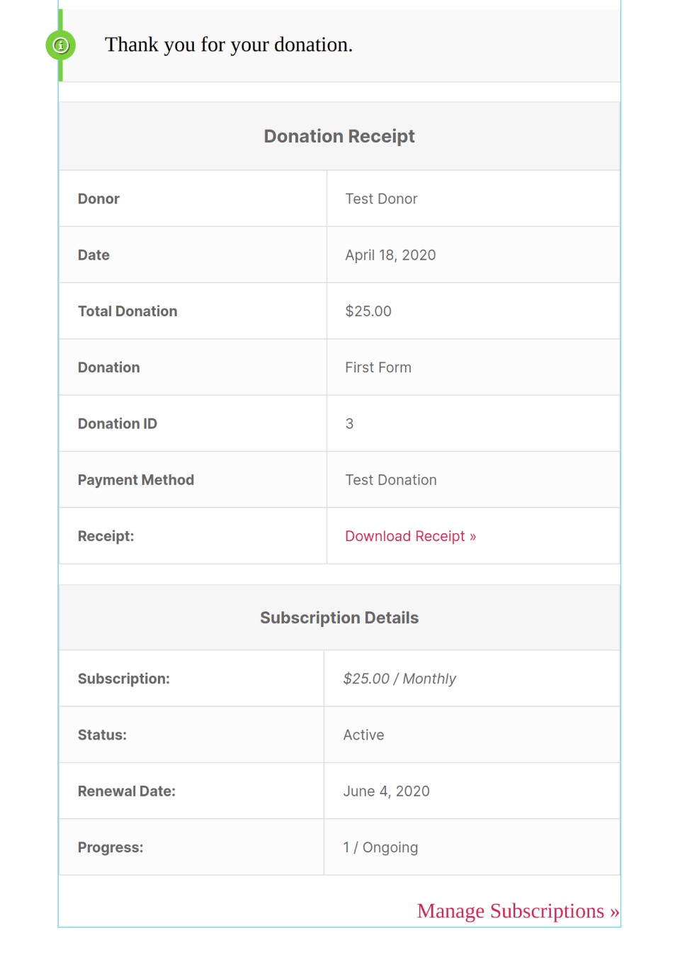 GiveWP Donation Receipt Widget