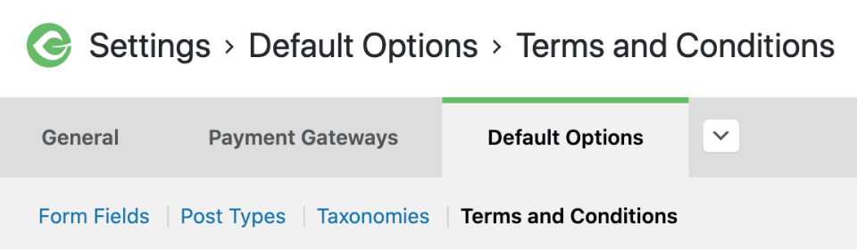 screenshot of the default options with the Terms and Conditions option selected.