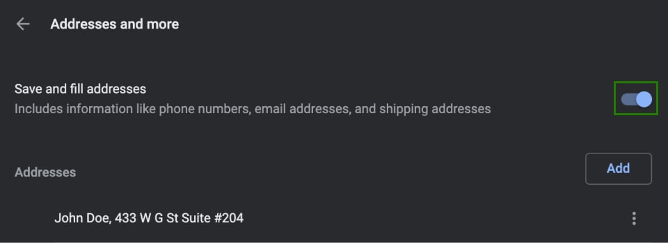 user's saved addresses available on Google Chrome