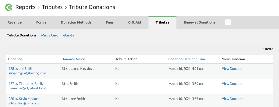 Tribtues Reporting section for donations