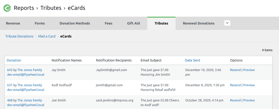 Tributes Reporting section for ecard
