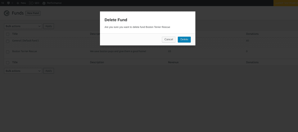 modal prompt for the user to delete an existing GiveWP fund