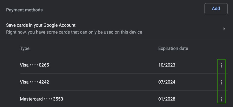 a few credit cards saved on Google Chrome