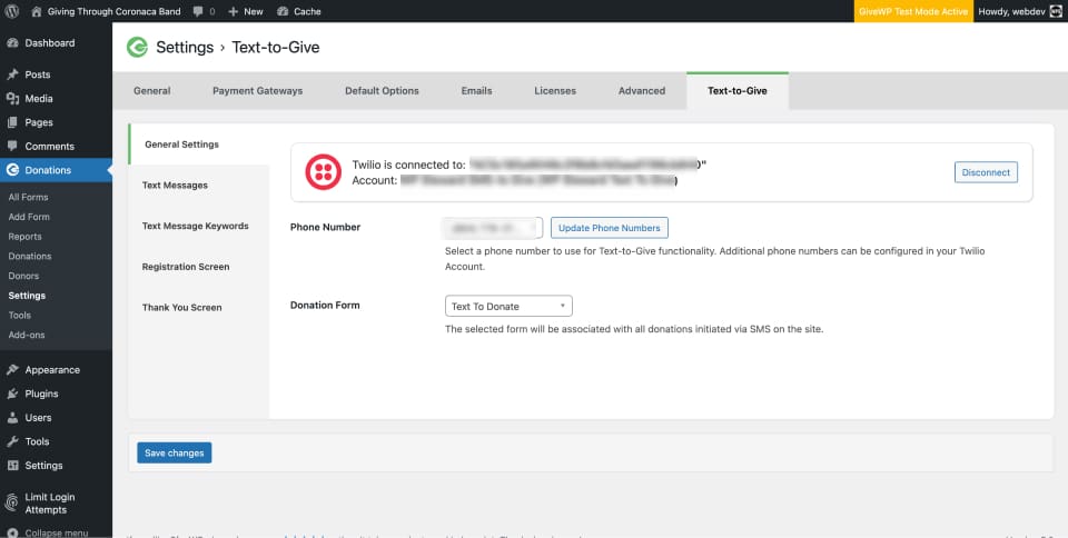 the same settings screen from above, only showing it connected to a Twilio account. Additional options to configure phone number and Donation Form are shown