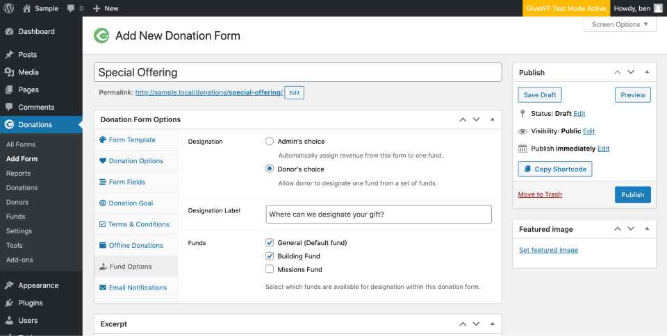 screenshot of the Donor's choice options