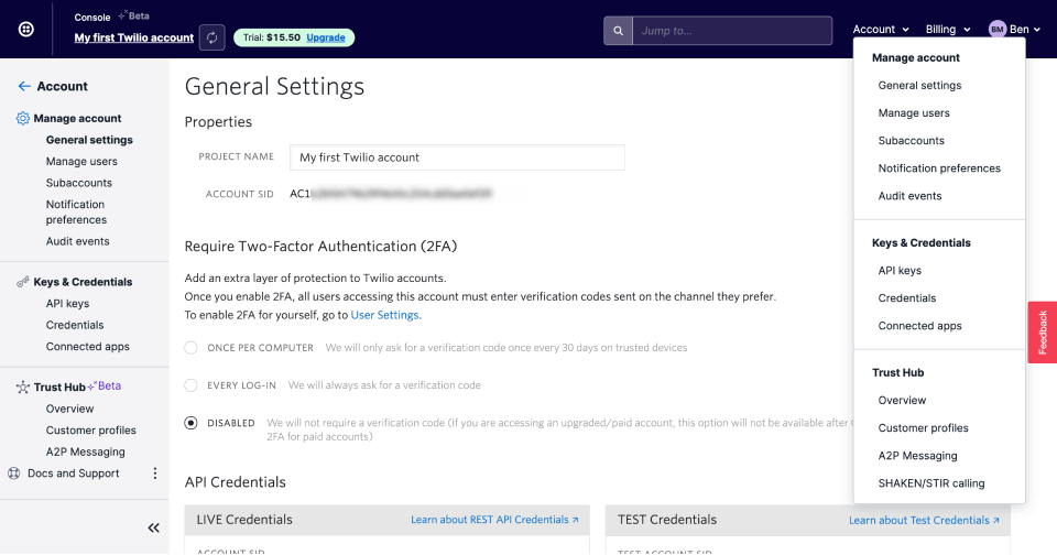 screenshot of the console on twilio with the account SID displayed but greyed out.
