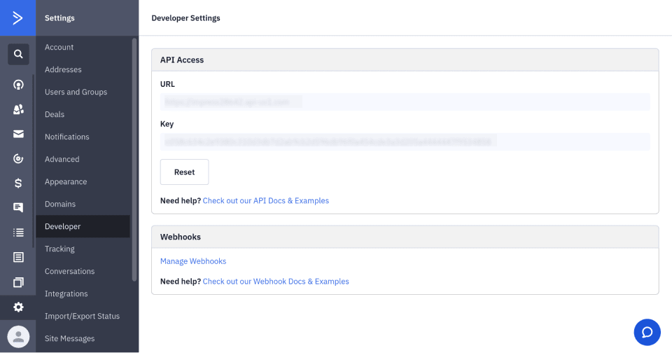 activecampaign settings for developer api url and api key