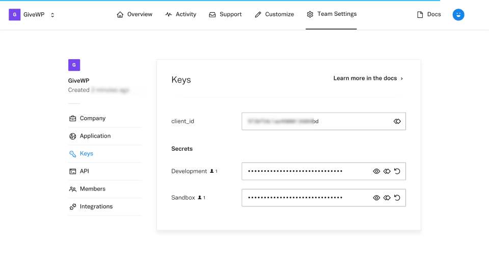 screenshot of the Plaid dashboard showing the Keys interface, with client_id as well as development and Sandbox secrets.