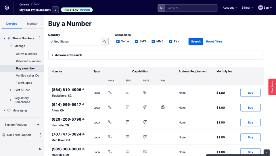 screenshot of the interface to buy a phone number on twilio.