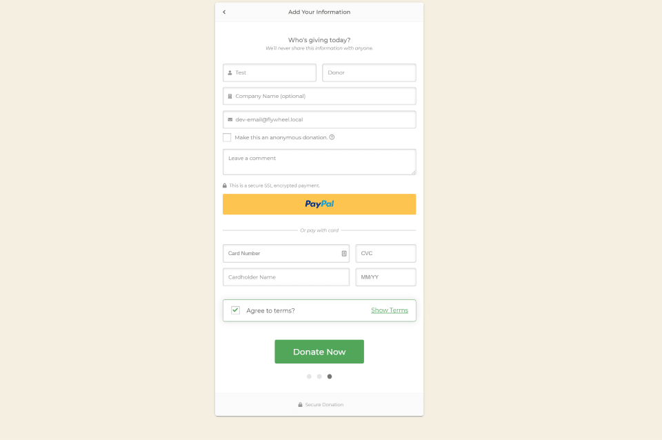 screenshot of a GiveWP form with both a yellow PayPal button and fields to enter a credit card