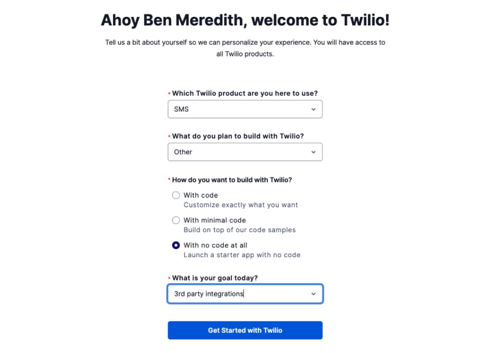 the personalize experience page with the selections described in the previous paragraph selected
