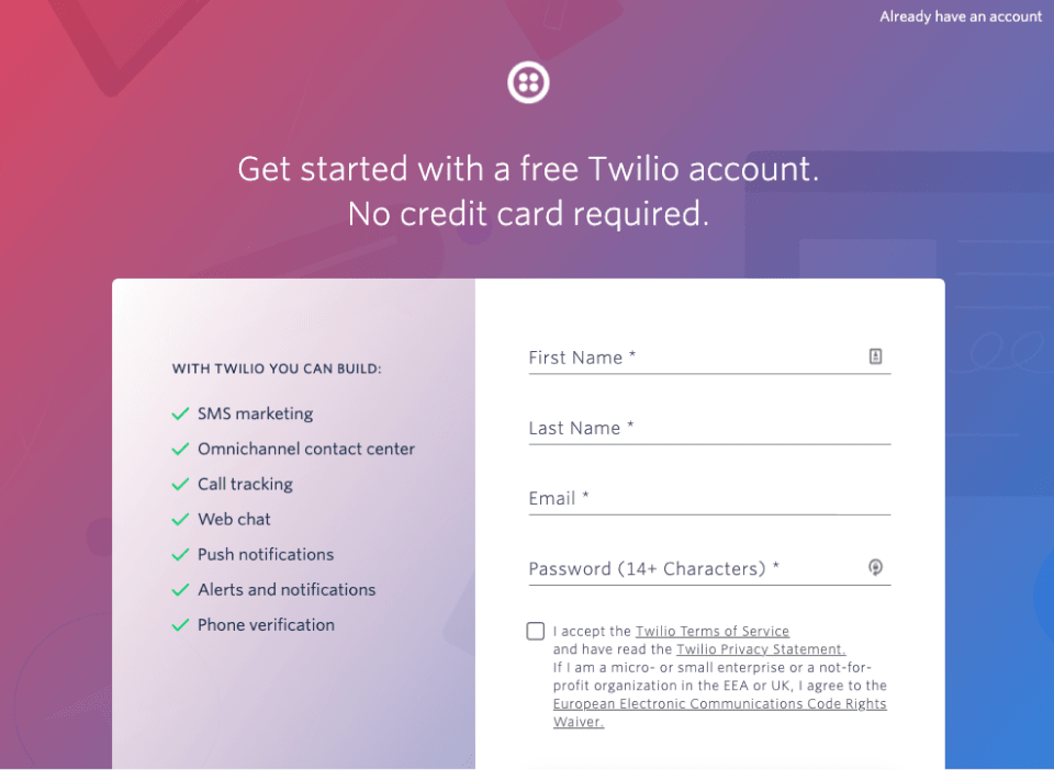the welcome screen to sign up for Twilio