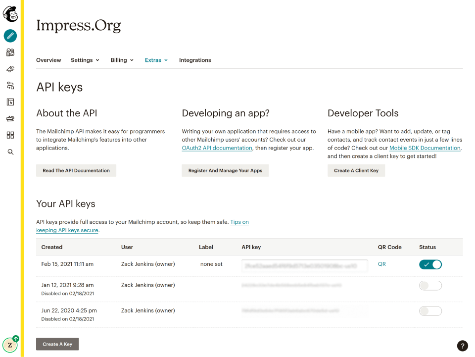 creating API Keys in MailChimp