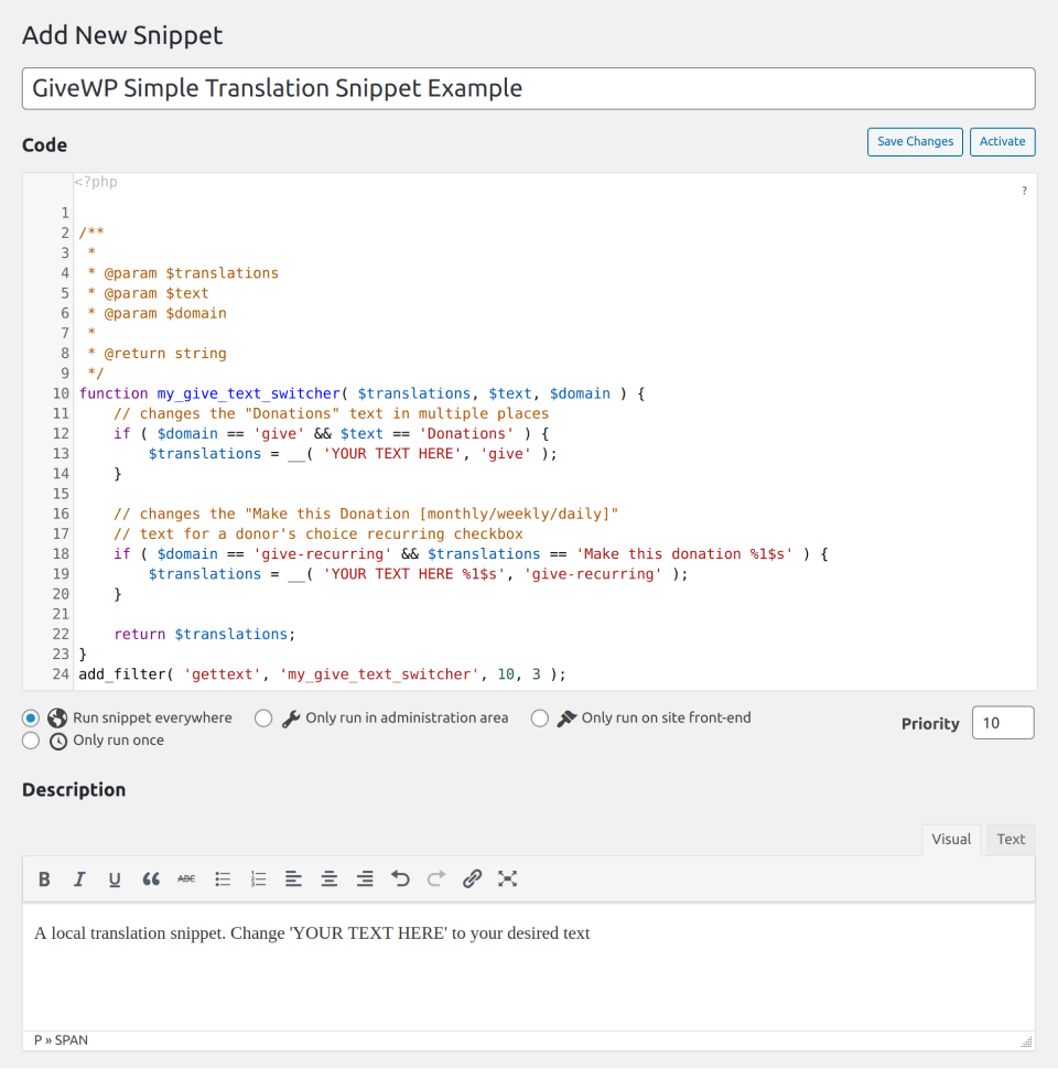 example of a custom code snippet