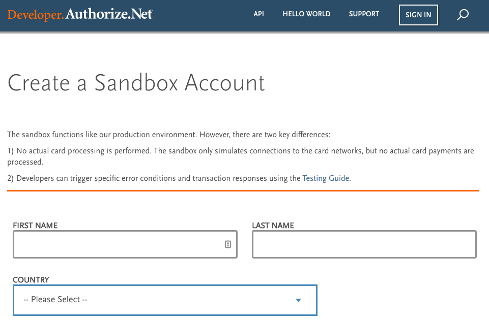 Authorize.Net Sandbox Signup