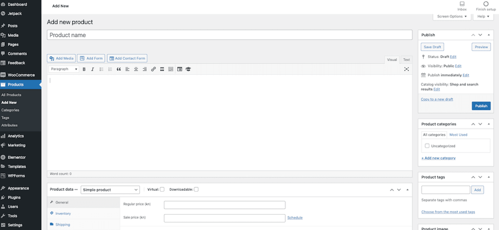 Adding a product manually using WooCommerce and WordPress.
