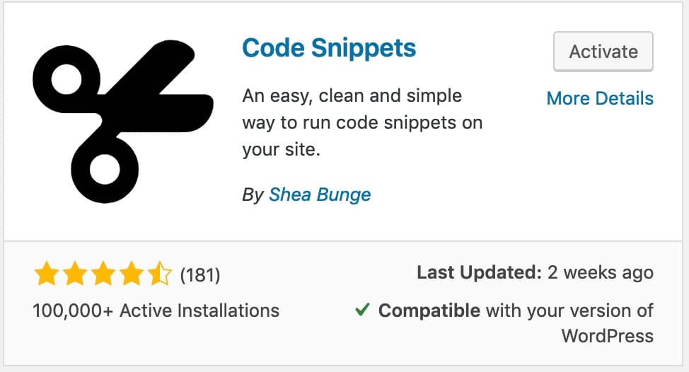 Code Snippets plugin card