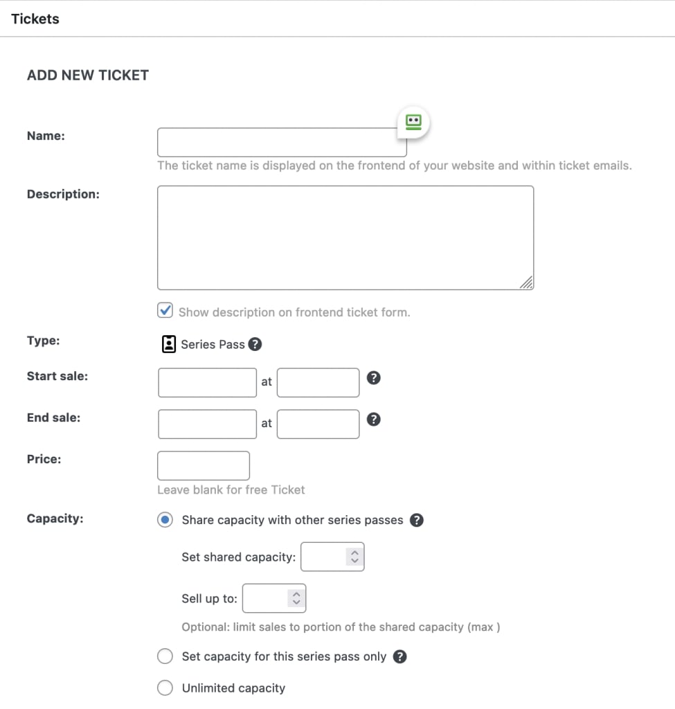 The user interface for creating a Series Pass in Event Tickets
