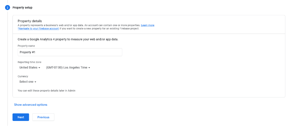 Creating a new property in Google Analytics.