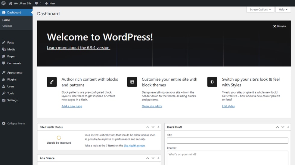wordpress core dashboard