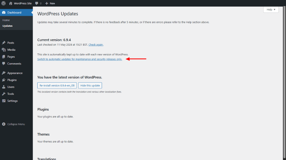 auto update wordpress core