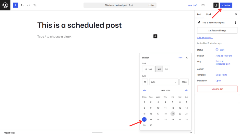 how to schedule a post on wordpress