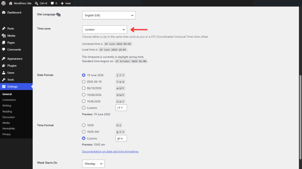wordpress site timezone